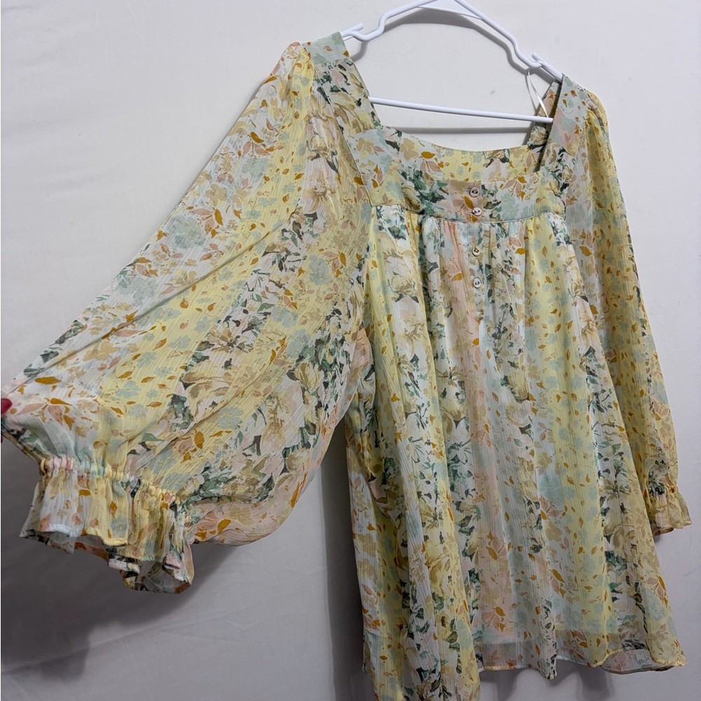 LC Lauren Conrad Floral Boho Blouse size XXL Sheer Long Sleeve Peasant Top(A465) - Picture 6 of 16